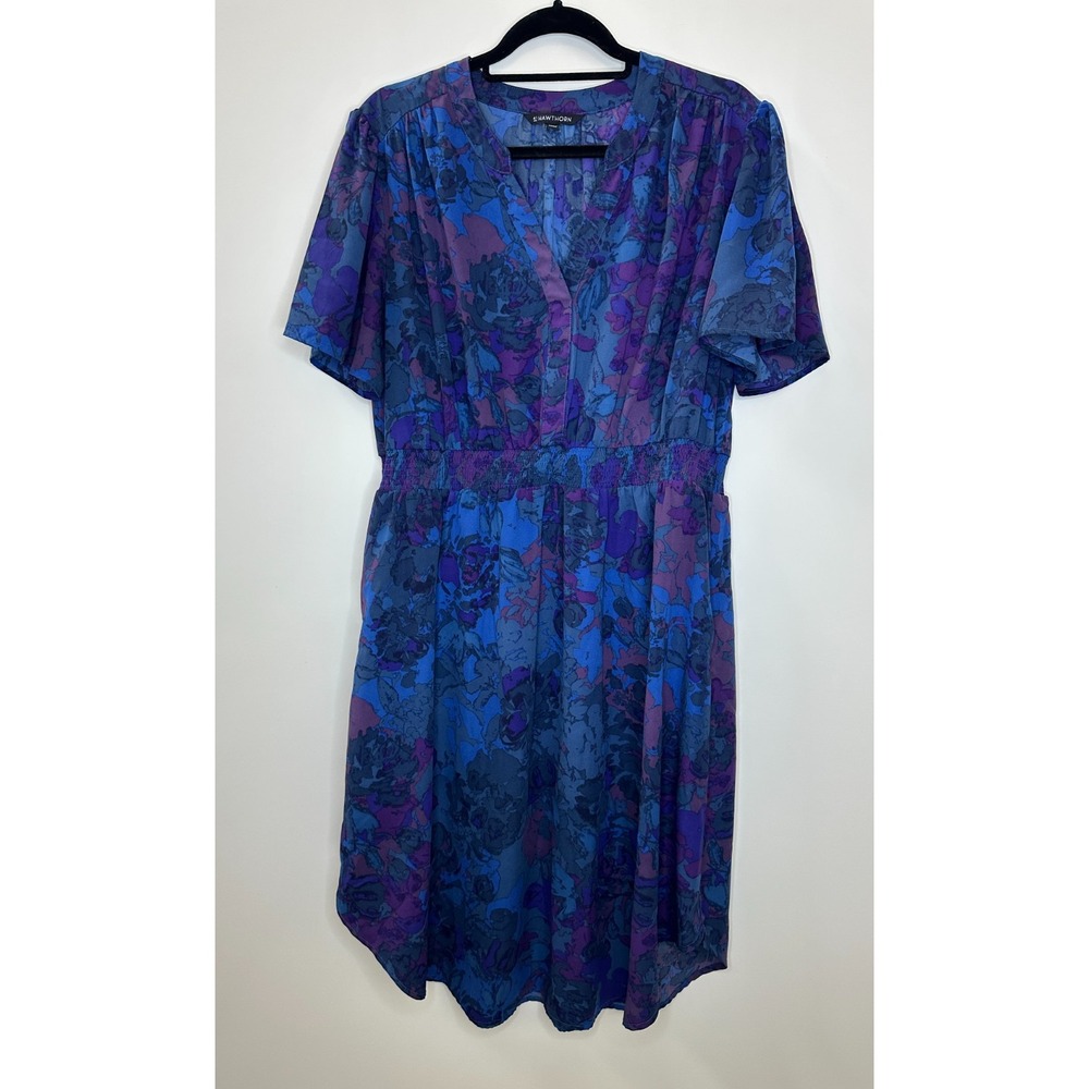 41 Hawthorn Smocked Waist V-Neck Midi Dress Floral Blue Purple SS Fit & Flare XL - Picture 2 of 11